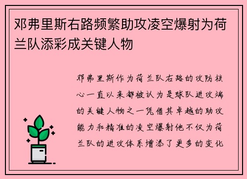 邓弗里斯右路频繁助攻凌空爆射为荷兰队添彩成关键人物